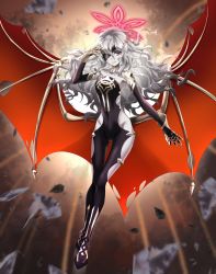 Rule 34 | 1girl, animal ears, bat wings, black gloves, bodysuit, claws, clothing cutout, collarbone, commission, covered navel, debris, elbow gloves, embla (fire emblem), eyepatch, fire emblem, fire emblem heroes, gauntlets, gloves, grey hair, groin, highres, hip vent, kakiko210, leg cutout, long hair, nintendo, one eye covered, pale skin, red eyes, rubble, skeb commission, skin tight, sleeveless, sleeveless bodysuit, smile, solo, wings