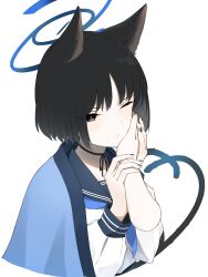 Rule 34 | 1girl, absurdres, animal ears, black choker, black eyes, black hair, black nails, blue archive, blue neckerchief, blush, cat ears, cat tail, choker, disembodied limb, exiadoon, halo, hand grab, hand on another&#039;s cheek, hand on another&#039;s face, haori, highres, holding hands, japanese clothes, kikyou (blue archive), long sleeves, multiple tails, nail polish, neckerchief, one eye closed, ribbon choker, school uniform, serafuku, short hair, tail, two tails, white background