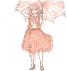 Rule 34 | 1girl, blush, hand on own head, highres, kazami yuuka, kuro suto sukii, long sleeves, looking at viewer, open clothes, open mouth, open vest, parasol, shirt, simple background, sketch, skirt, smile, solo, touhou, umbrella, vest, white background