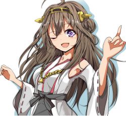 Rule 34 | 10s, 1girl, ;d, absurdres, armpits, bad id, bad pixiv id, brown hair, detached sleeves, hair ornament, highres, japanese clothes, kantai collection, kongou (kancolle), long hair, long sleeves, looking at viewer, miko, one eye closed, open mouth, personification, purple eyes, ribbon-trimmed sleeves, ribbon trim, sash, simple background, smile, solo, velia, very long hair, white background, wide sleeves, wink