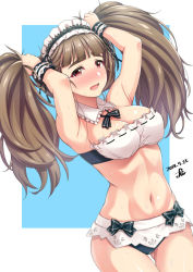 Rule 34 | 1girl, armpits, arms up, bare arms, bare shoulders, bikini, black bikini, black bow, black bowtie, blunt bangs, blush, bow, bowtie, breasts, brown hair, bunching hair, cleavage, cowboy shot, dated, detached collar, dutch angle, embarrassed, frilled bikini, frilled bikini top, frilled shirt collar, frills, gluteal fold, half-closed eyes, highres, idolmaster, idolmaster cinderella girls, kamiya nao, large breasts, long hair, looking at viewer, maid, maid bikini, maid headdress, midriff, navel, nose blush, open mouth, red eyes, shiny skin, signature, solo, standing, stomach, striped bow, striped bowtie, striped clothes, striped neckwear, sweat, swimsuit, thick eyebrows, thigh gap, twintails, unconventional maid, wavy mouth, white bikini, wrist cuffs, yoohi
