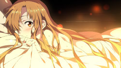 Rule 34 | 10s, 1girl, asuna (sao), bed sheet, blush, brown eyes, brown hair, completely nude, hair over one eye, jewelry, long hair, looking at viewer, lying, mizuki makoto, naked sheet, nude, on stomach, ring, smile, solo, sweat, sword art online, under covers