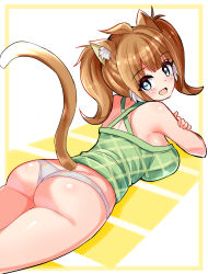 Rule 34 | 1girl, animal ears, aqua eyes, ass, bare shoulders, blush, breast press, breasts, brown hair, camisole, cat ears, cat tail, cougar (cougar1404), from behind, huge ass, large breasts, long hair, looking at viewer, looking back, lying, multicolored hair, on stomach, original, panties, sideboob, smile, solo, tail, thong, two-tone hair, underwear, white hair