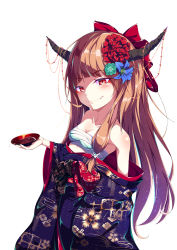 Rule 34 | 1girl, absurdres, alcohol, alternate costume, bad id, bad twitter id, bandages, bare shoulders, blue flower, blue kimono, blush, bow, breasts, brown hair, cleavage, collarbone, commentary request, cup, fang, fang out, flower, green flower, hair bow, hair flower, hair ornament, highres, holding, holding cup, horns, ibuki suika, japanese clothes, kimono, long hair, long sleeves, looking at viewer, off shoulder, oni, oni horns, red bow, red eyes, red flower, sakazuki, sake, sarashi, simple background, single sidelock, small breasts, smile, solo, touhou, upper body, white background, wide sleeves, yamanakaume
