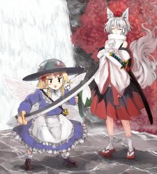 Rule 34 | 2girls, animal ear fluff, animal ears, apron, autumn leaves, black eyes, black skirt, blonde hair, blue dress, blush stickers, breath, brown footwear, commentary, crossed arms, detached sleeves, dress, closed eyes, fairy, fairy wings, geta, hat, height difference, helmet, holding, holding shield, holding sword, holding weapon, inubashiri momiji, juliet sleeves, long hair, long sleeves, looking to the side, multiple girls, open mouth, outdoors, pom pom (clothes), puffy sleeves, red footwear, red skirt, saber (weapon), scabbard, sheath, shield, skirt, sparkle, spread legs, standing, sunnysideup, sweatdrop, sword, tabi, tail, tengu-geta, tokin hat, touhou, triangle mouth, two-tone skirt, waist apron, water, waterfall, weapon, white legwear, wings, wolf ears, wolf tail