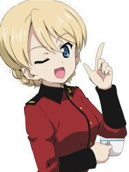 Rule 34 | 1girl, ;d, blonde hair, blue eyes, braid, commentary, cup, darjeeling (girls und panzer), epaulettes, girls und panzer, highres, holding, holding cup, index finger raised, jacket, kanau, long sleeves, looking at viewer, military, military uniform, one eye closed, open mouth, red jacket, short hair, simple background, smile, solo, st. gloriana&#039;s military uniform, teacup, twin braids, uniform, upper body, white background