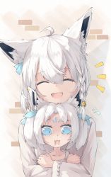 Rule 34 | 2girls, ahoge, animal ear fluff, animal ears, blue eyes, bookey, closed eyes, collarbone, commentary request, earrings, fang, flying sweatdrops, fox ears, fox girl, hair between eyes, hair ribbon, highres, hololive, hug, hug from behind, jewelry, long hair, looking at viewer, multiple girls, notice lines, open mouth, personification, ribbon, shirakami fubuki, shirakami fubuki (street), shirt, short hair, sidelocks, skin fang, smile, sukonbu (shirakami fubuki), twintails, virtual youtuber, wavy mouth, white hair, white shirt
