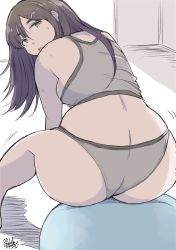 Rule 34 | 1girl, ass, ball, black hair, bouncing ass, breasts, brown eyes, dated, exercise ball, foot out of frame, hadashi no kenji, highres, indoors, looking back, medium breasts, open mouth, original, sitting, solo, sweat