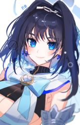 Rule 34 | 1girl, blue bow, blue eyes, blue hair, bow, bow earrings, breasts, brooch, chain, chain headband, cleavage, detached sleeves, earrings, hair intakes, hairband, head chain, heart, heart brooch, highres, hololive, hololive english, jewelry, large breasts, looking at viewer, ouro kronii, ouro kronii (1st costume), panprika, short hair, smile, solo, upper body, virtual youtuber, wide sleeves