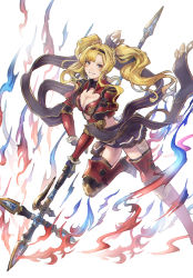 Rule 34 | 1girl, armor, blonde hair, blue eyes, blue skirt, braid, breasts, cleavage, fire, gauntlets, granblue fantasy, hairband, highres, midriff, polearm, red armor, shimatani azu, skirt, smile, solo, solo focus, spear, twintails, weapon, white background, zeta (granblue fantasy)