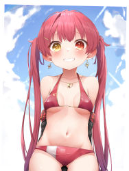 Rule 34 | 1girl, absurdres, aged down, bikini, blush, breasts, hair ribbon, heterochromia, highres, hololive, houshou marine, houshou marine (summer), large breasts, long hair, looking at viewer, open mouth, pepushi drow, red eyes, red hair, ribbon, smile, solo, swimsuit, twintails, virtual youtuber, yellow eyes