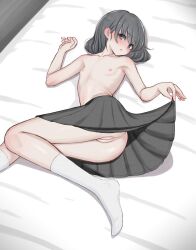 Rule 34 | 1girl, arms around neck, ass, blush, bottomless, breasts, cleft of venus, clothes lift, collarbone, dot nose, eyebrows hidden by hair, eyes visible through hair, female focus, foot out of frame, grey eyes, grey hair, grey skirt, highres, knees together feet apart, legs together, looking at viewer, lying, medium hair, mustee, nipples, ok sign, on back, on bed, on side, original, oversized clothes, paid reward available, parted lips, pussy, ribs, sailor collar, shirt, short hair, sideways glance, skirt, skirt lift, skirt only, small breasts, socks, solo, tareme, thighs, topless, uncensored, white background, white socks