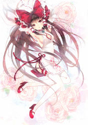Rule 34 | 1girl, alternate costume, armpits, arms up, bow, breasts, brown hair, china dress, chinese clothes, cleavage, cleavage cutout, clothing cutout, detached sleeves, domotolain, dress, female focus, flower, frilled thighhighs, frills, garter straps, hair bow, hakurei reimu, high heels, japanese clothes, large bow, legs, long hair, mary janes, miko, open mouth, red eyes, shoes, solo, thighhighs, touhou, white thighhighs, yin yang