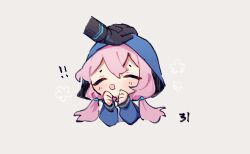 Rule 34 | !, !!, 1girl, 1other, arknights, blue jacket, blue poison (arknights), blush, chibi, closed eyes, collared shirt, commentary, cropped torso, doctor (arknights), english commentary, grey background, hair between eyes, headpat, hood, hood up, hooded jacket, jacket, long hair, long sleeves, low twintails, open clothes, open jacket, open mouth, pink hair, ruri (dailybloopy), shirt, simple background, smile, twintails, upper body, white shirt