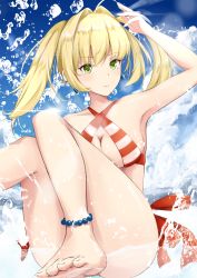 Rule 34 | 1girl, ass, barefoot, bikini, blonde hair, breasts, cleavage, fate/grand order, fate (series), feet, foot focus, green eyes, hair intakes, highres, hoshimiya mashiro, large breasts, long hair, nero claudius (fate), nero claudius (fate) (all), nero claudius (fate/extra), nero claudius (swimsuit caster) (fate), ocean, solo, striped bikini, striped clothes, swimsuit, toes, twintails