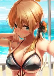 Rule 34 | 10s, 1girl, absurdres, anchor hair ornament, armpits, baffu, beach, beach umbrella, bikini, blonde hair, blue eyes, blurry, blush, bokeh, breasts, cleavage, closed mouth, day, depth of field, fingernails, flower, foreshortening, front-tie bikini top, front-tie top, grey bikini, hair between eyes, hair flower, hair ornament, hair over shoulder, hand to own mouth, highres, horizon, kantai collection, large breasts, lips, long fingernails, long hair, low twintails, nail polish, ocean, outdoors, prinz eugen (kancolle), reaching, reaching towards viewer, skindentation, smile, solo, swimsuit, twintails, umbrella, upper body, wet, wet hair