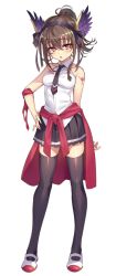 Rule 34 | 1girl, braid, breasts, brown hair, clothes around waist, full body, hair between eyes, hair ribbon, hairband, hand on own hip, head wings, highres, jacket, jacket around waist, looking at viewer, medium breasts, necktie, open mouth, pleated skirt, ponytail, red eyes, ribbon, school uniform, senri gan, shirt, shoes, side braid, simple background, skirt, sleeveless, sleeveless shirt, solo, standing, tattoo, thighhighs, uwabaki, white background, wings, zettai ryouiki