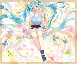 Rule 34 | 1girl, :d, animal print, bare legs, black ribbon, blue butterfly, blue eyes, blue hair, blue shirt, blue socks, blush, border, bubble, bug, butterfly, butterfly print, cloak, clothes lift, crossed legs, fingernails, floating hair, floral background, flower, frilled skirt, frills, full body, half-closed eyes, hand up, happy, hatsune miku, insect, long hair, looking at viewer, multicolored background, open mouth, orange background, outside border, palm tree, pink background, plant, polka dot, polka dot background, purple background, ribbon, sakikko, shirt, sitting, skirt, smile, socks, solo, striped clothes, striped shirt, striped socks, tree, vertical-striped clothes, vertical-striped shirt, vertical-striped socks, very long hair, vocaloid, white background, white cloak, white footwear, white skirt, yellow butterfly