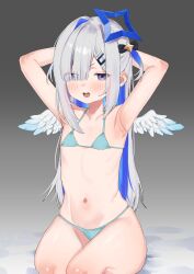 Rule 34 | 1girl, absurdres, amane kanata, amane kanata (work), armpits, arms behind head, arms up, bikini, blue bikini, blue eyes, blue hair, blunt bangs, blush, commentary request, eyes visible through hair, feathered wings, flat chest, frown, gradient background, grey background, hair ornament, hair over one eye, hairclip, highres, hololive, karikari ume, long bangs, long hair, looking down, mini wings, multicolored hair, navel, open mouth, paid reward available, seiza, simple background, sitting, solo, star (symbol), star hair ornament, swimsuit, two-tone hair, v-shaped eyebrows, virtual youtuber, white hair, white wings, wings