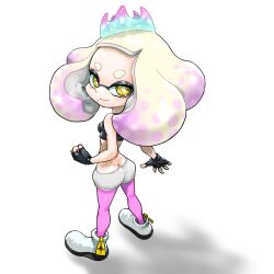 Rule 34 | 1girl, ass, bare shoulders, black gloves, blonde hair, boots, breasts, butt crack, closed mouth, cross-shaped pupils, crown, fingerless gloves, full body, gloves, gradient hair, highres, inkling, koharu2.5, legs apart, medium hair, mole, mole under mouth, multicolored hair, nintendo, pantyhose, pantyhose under shorts, pearl (splatoon), pink hair, pink pantyhose, shadow, short eyebrows, shorts, simple background, small breasts, smile, solo, splatoon (series), standing, suction cups, symbol-shaped pupils, two-tone hair, white background, white footwear, white shorts, yellow eyes