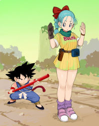 Rule 34 | 1girl, absurdres, age difference, ankle boots, aqua hair, bangs pinned back, bare legs, belt, black eyes, black footwear, black hair, blue eyes, boots, bow, braid, braided ponytail, brown belt, brown bow, brown gloves, bulma, character name, child, closed mouth, clothes writing, day, dot nose, dougi, dragon ball, dragon ball (classic), dress, fanny pack, fighting stance, fingernails, full body, gloves, green scarf, green sky, gun, hair bow, hair ribbon, hair strand, handgun, hands up, height difference, high ponytail, highres, holding, holding weapon, holster, holstered, horizon, legs together, looking at another, looking back, looking down, loose socks, martial arts belt, messy hair, monkey tail, mountain, nature, obi, outdoors, pink footwear, pistol, purple legwear, raised eyebrow, red ribbon, red wristband, ribbon, rokoido12, rope, ruyi jingu bang, sash, scarf, serious, shoes, short dress, short sleeves, single glove, sky, socks, son goku, spiked hair, standing, striped clothes, striped dress, tail, vertical-striped clothes, vertical-striped dress, watch, weapon, white sash, wristband, wristwatch, yellow dress