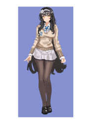 Rule 34 | 1girl, arms at sides, black footwear, black hair, black pantyhose, blue bow, blue bowtie, blush, bow, bowtie, breasts, brown sweater, closed mouth, flower, full body, girls&#039; frontline, hair flower, hair ornament, hairband, highres, jonbur man, long hair, long sleeves, looking at viewer, medium breasts, miniskirt, pantyhose, sketch, skirt, smile, solo, standing, sweater, type 95 (girls&#039; frontline), very long hair, white flower, white hairband, white skirt, yellow eyes