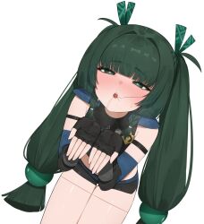 Rule 34 | 1girl, android, black gloves, blunt bangs, braid, commentary, drooling, fingerless gloves, flasso, gloves, green eyes, green hair, green ribbon, hair ribbon, heart, heart-shaped pupils, long hair, loose hair strand, police, police uniform, policewoman, qingyi (zenless zone zero), ribbon, saliva, sweatdrop, symbol-shaped pupils, twin braids, twintails