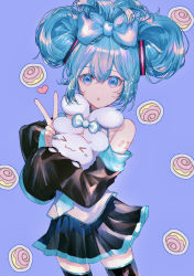 Rule 34 | &gt; &lt;, 1girl, :o, bare shoulders, black skirt, black sleeves, black thighhighs, blue background, blue bow, blue eyes, blue hair, blue nails, bow, cinnamiku, cinnamoroll, closed eyes, closed mouth, commentary request, crossover, detached sleeves, ear bow, hair between eyes, hair bow, hatsune miku, heart, highres, juu ame, long sleeves, looking at viewer, nail polish, parted lips, pleated skirt, sanrio, shirt, simple background, skirt, sleeveless, sleeveless shirt, sleeves past fingers, sleeves past wrists, thighhighs, v, vocaloid, white shirt, wide sleeves