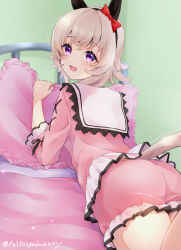 Rule 34 | 1girl, absurdres, animal ears, ass, bed, black hairband, bow, clothing cutout, commentary, curren chan (umamusume), ear bow, ear covers, grey hair, hairband, highres, horse ears, horse girl, horse tail, long sleeves, looking at viewer, lying, on bed, on stomach, pajamas, peteron, pillow, pink blanket, pink pillow, purple pajamas, red bow, solo, tail, tail through clothes, umamusume