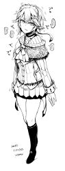 Rule 34 | 1girl, boots, capelet, elf, greyscale, highres, miniskirt, monochrome, original, pointy ears, short hair, sigama, skirt, solo, spoken squiggle, squiggle, white background