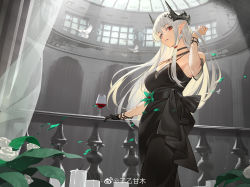 Rule 34 | 1girl, alcohol, arknights, artist name, black choker, black dress, black gloves, bracelet, breasts, choker, cleavage, cup, curtains, detached sleeves, dress, drinking glass, earrings, feet out of frame, flower, gloves, green flower, hair ornament, highres, horns, indoors, jewelry, large breasts, long hair, mudrock (arknights), mudrock (obsidian) (arknights), necklace, official alternate costume, parted lips, petals, pointy ears, railing, red eyes, rose, short sleeves, single glove, solo, standing, very long hair, weibo watermark, white flower, white hair, white rose, wine, wine glass, ziyiganmu