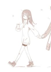 Rule 34 | 1girl, 1other, :o, ahoge, akari (raigou), bag, cup, disposable cup, full body, holding, holding cup, holding hands, jewelry, light blush, long hair, long sleeves, looking to the side, monochrome, necklace, original, parted lips, raigou, shoes, short shorts, shorts, shoulder bag, socks, solo focus, standing, steam, sweater, thick eyebrows, walking