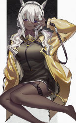 Rule 34 | 1girl, alternate costume, arknights, bags under eyes, black nails, buckle, camel ears, coat, dark-skinned female, dark skin, dress, fingernails, green dress, hairband, hand over eye, hand up, highres, lips, long hair, looking at viewer, low twintails, nail polish, open clothes, open coat, purple eyes, short dress, sitting, snap-fit buckle, solo, somnuss, strap, thick thighs, thigh strap, thighs, tuye (arknights), twintails, white background, white hair, yellow coat, yokozuwari