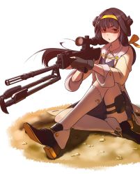 Rule 34 | 1girl, :o, absurdres, bipod, black footwear, black gloves, black hair, blush, brown eyes, bullpup, coat, commentary, english commentary, fingerless gloves, full body, girls&#039; frontline, gloves, gun, hair ribbon, hairband, hassan (diaoyagld), highres, holding, holding gun, holding weapon, long hair, looking at viewer, on floor, open clothes, open coat, open mouth, pouch, qbu-88, qbu-88 (girls&#039; frontline), ribbon, rifle, scope, shoes, simple background, sniper rifle, solo, sweat, thigh pouch, thighhighs, weapon, white thighhighs, yellow coat, yellow hairband, yellow ribbon