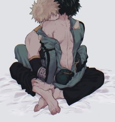 Rule 34 | 2boys, arm support, back, bakugou katsuki, bare shoulders, barefoot, bite mark, biting, black hair, black pants, blonde hair, blush, bodysuit, boku no hero academia, commentary request, facing away, from behind, green bodysuit, green hair, hair over eyes, highres, indian style, long sleeves, male focus, midoriya izuku, multicolored hair, multiple boys, neck biting, off shoulder, pants, short hair, single bare shoulder, sitting, spiked hair, tank top, tanuki happa, toned, undressing another, unzipping, yaoi