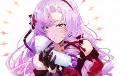 1girl black_gloves black_hairband blush claw_ring dress drill_hair gloves hagioshi hair_ornament hair_ribbon hairband highres holding hyakumantenbara_salome hyakumantenbara_salome_(1st_costume) light_purple_hair long_hair long_sleeves looking_at_viewer nijisanji off-shoulder_dress off_shoulder parted_lips pink_eyes red_dress ribbon scar scar_on_neck simple_background solo sparkle upper_body virtual_youtuber white_background