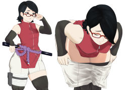 Rule 34 | 1girl, ass, bandages, bandaged leg, bandages, bare shoulders, black eyes, black hair, clothes pull, glasses, highres, huge ass, lycrosae, naruto, naruto (series), short hair, shorts, shorts pull, solo, thick thighs, thighhighs, thighs, uchiha sarada, undressing, white background, white shorts, wide hips