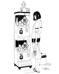 Rule 34 | 1girl, absurdres, arm behind back, arm grab, bag, cactus, cigarette, commentary, english commentary, flip-flops, gashapon, greyscale, guweiz, hair ornament, hairclip, highres, holding, holding bag, looking at viewer, looking back, monochrome, mouth hold, original, plant, plastic bag, potted plant, sandals, shirt, short hair, short shorts, short sleeves, shorts, simple background, solo, standing, trash can, white background