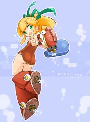 Rule 34 | 1girl, arm cannon, ass, blonde hair, boots, commentary request, from behind, full body, green eyes, highres, karukan (monjya), knee boots, long hair, looking back, mega man (classic), mega man (series), one-piece swimsuit, pointy ears, ponytail, propeller, red footwear, red one-piece swimsuit, ribbon, roll (mega man), solo, swimsuit, weapon