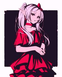 Rule 34 | 1girl, black background, bow, collar, dress, earrings, elf, frieren, green eyes, jewelry, looking at viewer, moshimoshibe, pointy ears, red dress, sousou no frieren, twintails, white hair