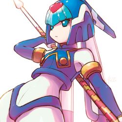 Rule 34 | 1girl, bad id, bad twitter id, bare shoulders, blue eyes, blue panties, blunt bangs, commentary request, contrapposto, elbow gloves, gloves, green eyes, hand up, helmet, highleg, highleg panties, holding, holding weapon, fairy leviathan (mega man), mega man (series), mega man zero (series), mega man zx, mega man zx advent, panties, parted lips, reiesu (reis), signature, simple background, solo, standing, underwear, weapon, white background, wide hips