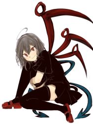 Rule 34 | 1girl, :&gt;, ahoge, asymmetrical wings, black shirt, black skirt, black thighhighs, closed mouth, from side, grey hair, houjuu nue, hugging own legs, looking at viewer, looking to the side, necro (nekurodayo), one-hour drawing challenge, red eyes, red footwear, shirt, shoes, short sleeves, simple background, sitting, skirt, smile, solo, thighhighs, touhou, white background, wings