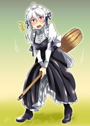 Rule 34 | 1girl, ^^^, alternate costume, black dress, blush, breasts, broom, broom riding, caffein, dress, enmaided, frilled dress, frills, looking at viewer, maid, maid headdress, medium breasts, open mouth, puffy sleeves, red eyes, silver hair, solo, surprised, vocaloid, yowane haku