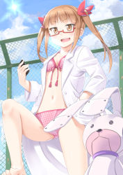 Rule 34 | 10s, 1girl, :d, barefoot, beads, bikini, bikini under clothes, blunt bangs, blush, breasts, brown eyes, brown hair, buttons, cellphone, chain-link fence, cleavage, cloud, coat, day, eyebrows, fence, front-tie bikini top, front-tie top, glasses, hair ribbon, hand in pocket, happy, holding, holding phone, idolmaster, idolmaster cinderella girls, ikebukuro akiha, jewelry, joints, lab coat, leg up, legs apart, light rays, long hair, long sleeves, miri (ago550421), navel, neck ring, open clothes, open coat, open mouth, outdoors, phone, pink bikini, polka dot, polka dot bikini, rabbit, rectangular eyewear, red-framed eyewear, red ribbon, ribbon, robot, robot joints, rooftop, semi-rimless eyewear, sidelocks, sky, small breasts, smile, standing, sun, sunbeam, sunlight, swimsuit, tassel, toes, twintails, unbuttoned, under-rim eyewear