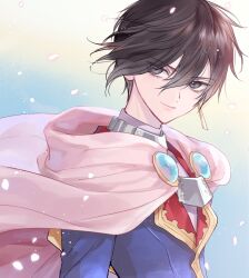 1boy bishounen black_hair blue_background blue_jacket brooch cape closed_mouth earrings gradient_background grey_eyes hair_between_eyes highres jacket jewelry kasukabe_akira leon_magnus long_sleeves looking_to_the_side male_focus petals pink_cape short_hair single_earring smile solo tales_of_(series) tales_of_destiny upper_body wind