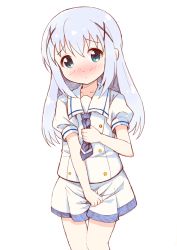 Rule 34 | 1girl, aqua eyes, bad id, bad pixiv id, blue hair, blue necktie, blush, collarbone, embarrassed, female focus, flat chest, gochuumon wa usagi desu ka?, hair ornament, hand up, have to pee, kafuu chino, long hair, looking at viewer, miniskirt, necktie, nose blush, open mouth, pleated skirt, puffy short sleeves, puffy sleeves, ratryu, school uniform, shirt, short sleeves, simple background, skirt, skirt grab, solo, standing, thigh gap, white background, white shirt, white skirt, x hair ornament