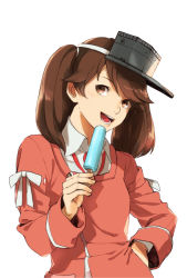 Rule 34 | 1girl, brown eyes, brown hair, food, hand on own hip, highres, japanese clothes, kantai collection, kariginu, open mouth, popsicle, ryuujou (kancolle), smile, solo, suke (singekijyosei), twintails, upper body, visor cap, white background