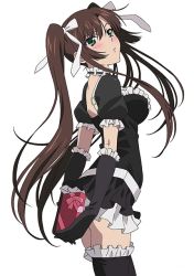 Rule 34 | 10s, 1girl, alternate hairstyle, arms behind back, black dress, black gloves, black thighhighs, breasts, brown hair, cowboy shot, dress, elbow gloves, from side, gloves, green eyes, hair ribbon, holding, kirasaka sayaka, long hair, maid, medium breasts, ribbon, short hair, simple background, solo, strike the blood, thighhighs, twintails, very long hair, white background, white ribbon