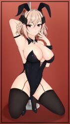 Rule 34 | 1girl, absurdres, animal ears, azur lane, black leotard, blonde hair, blush, breasts, brown eyes, cleavage, detached collar, fake animal ears, finger to cheek, fnzz, full body, garter straps, groin, headgear, high heels, highres, kneeling, large breasts, leotard, looking at viewer, multicolored hair, playboy bunny, pole, red garter straps, resolution mismatch, roon (azur lane), short hair, smile, solo, source smaller, streaked hair, thighs, wrist cuffs