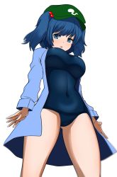 Rule 34 | 1girl, alternate costume, black one-piece swimsuit, blue coat, blue eyes, blue hair, breasts, coat, flat cap, green hat, hair bobbles, hair ornament, hat, highres, kawashiro nitori, large breasts, long sleeves, looking at viewer, one-hour drawing challenge, one-piece swimsuit, open mouth, short hair, simple background, solo, standing, swimsuit, touhou, two side up, white background, zawapirori